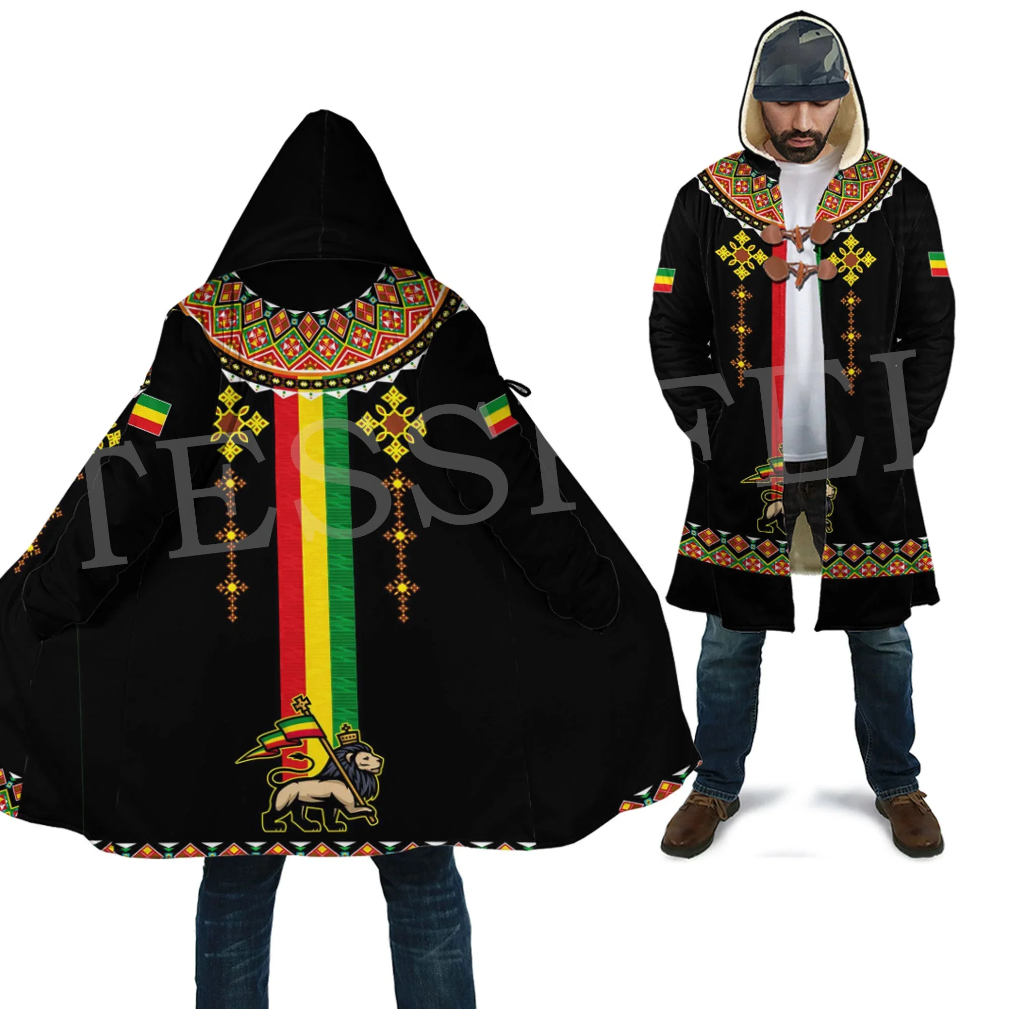 Newest Africa County Ethiopia Eritrea Tigary Lion Tattoo Retro 3DPrint Men/Women Winter Windbreaker Coat Hood Cloak Overcoat X2