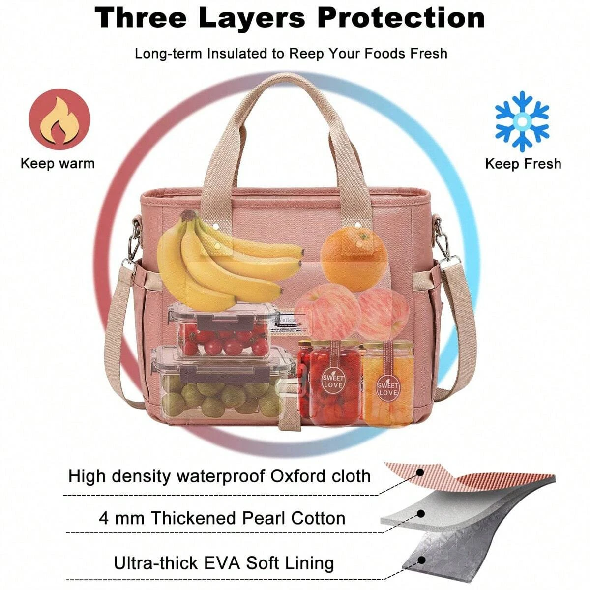 Fashionable Women's Insulated Lunch Tote Bag Large Opening Temperature Control Detachable Shoulder Strap