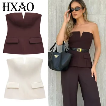HXAO Tops For Women Strapless Off White Crop Top Woman Summer Corset Tube Tops Sexys Backless Tank Top Sleeveless Solid Tops 1