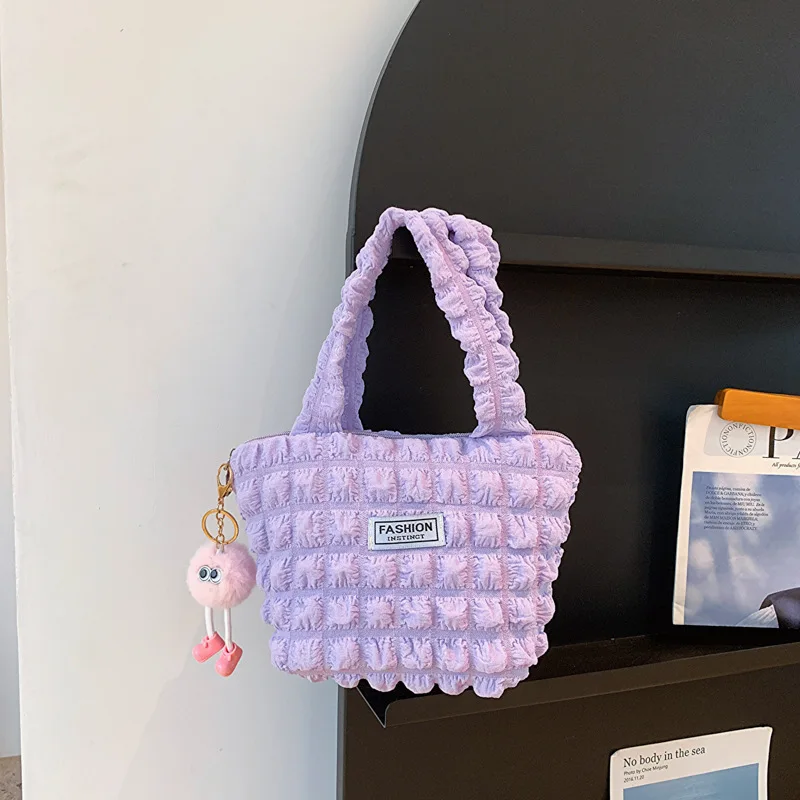 Bubble Flower Handbag for Women's New Little Fresh Girl Checkered Luxury Brand Handbag with Folded Shopping Top-Handle Bag