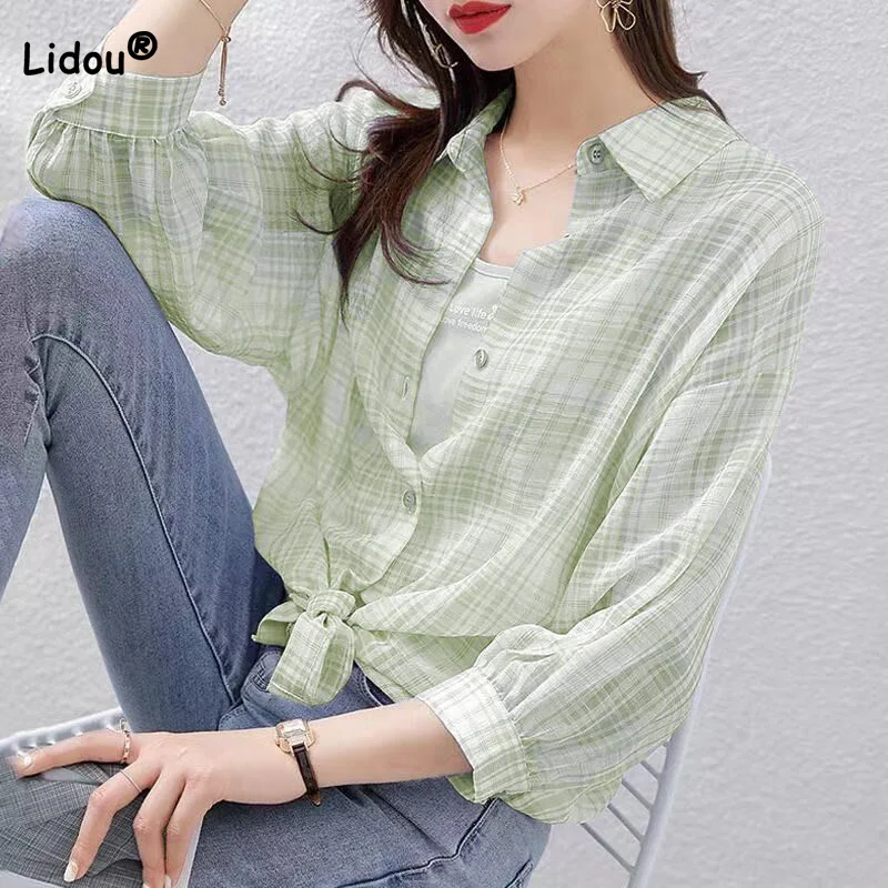 Korean Spring Autumn Womens Clothing Turn-down Collar Plaid Print Blouses Fashion Chiffon Three Quarter Sleeve Button Chic Shirt