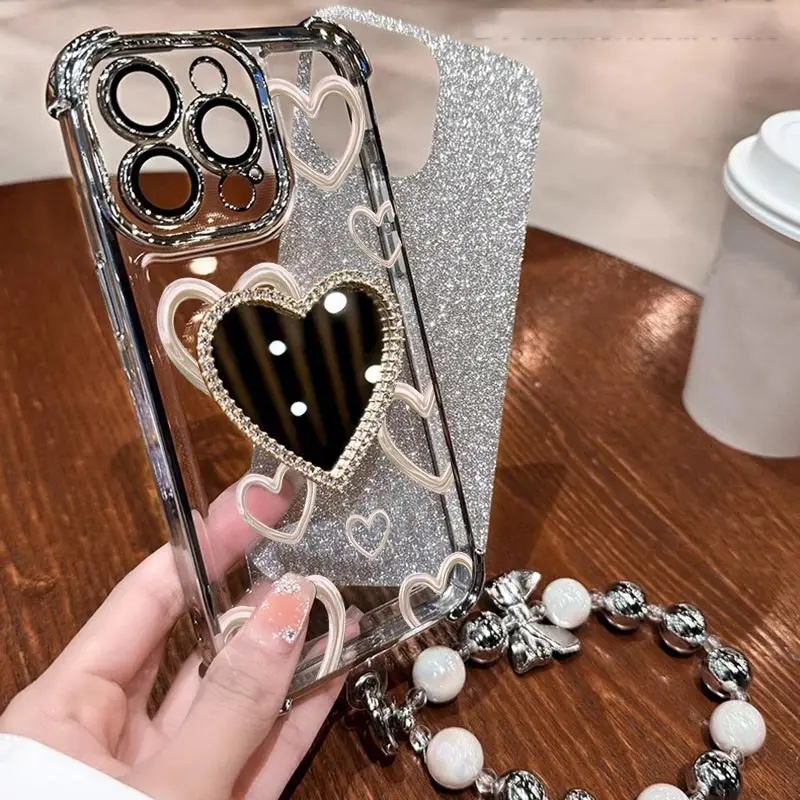 Airbag Strap Glitter Love Heart Mirror Phone Case Cover