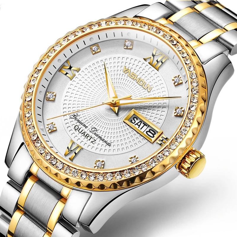 New Mens Watches Luxury Full Steel Golden Quartz Watch For Men Business Waterproof Diamond Original Japan Movement Wristwatch