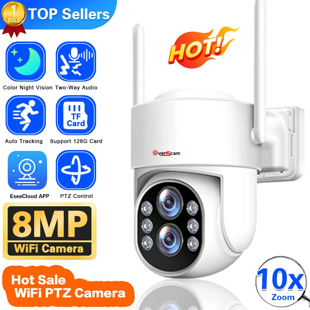 

8MP 4K WiFi IP Camera 10X PTZ Zoom Outdoor Security Camera Surveillance AI Track Dual Lens HD Screen Mini Street Camera 360°View