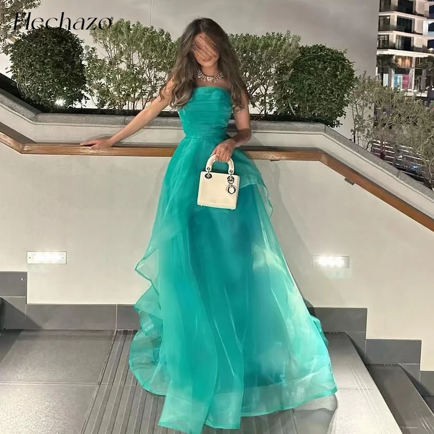 

Flechazo Green Organza Prom Dresses Strapless Floor-Length A-Line Formal Evening Party Dress For Women 2024 فساتين السهرة