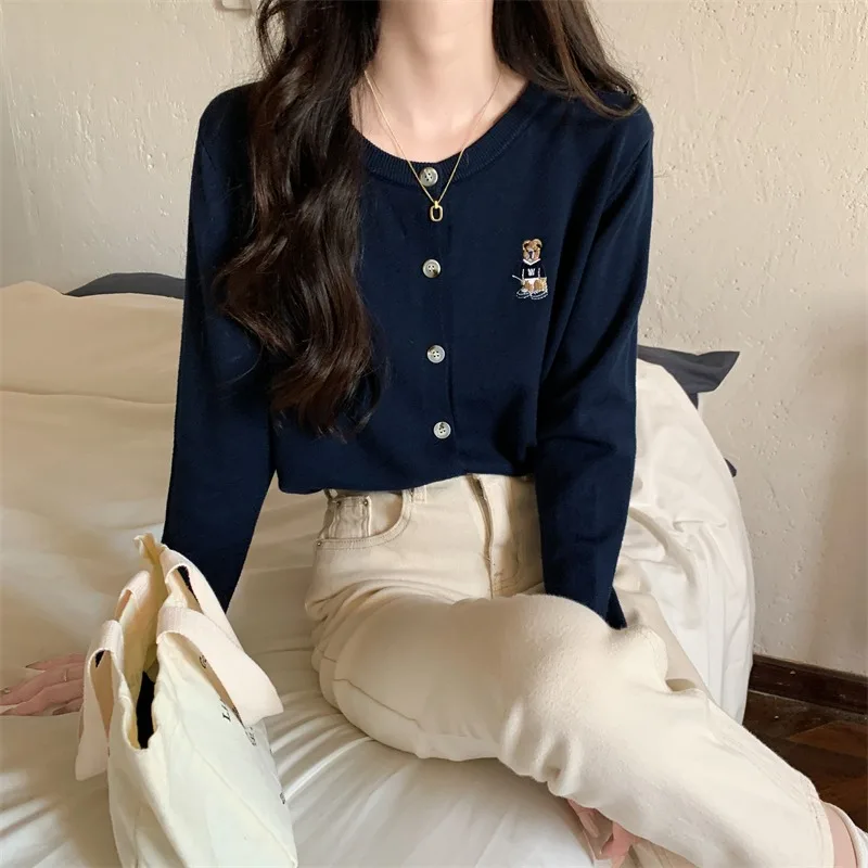 Spring Autumn Women's Knitted Cardigan Korean Single Breasted Long Sleeve Jumper Woman Chic Round Neck Cardigans Outwear