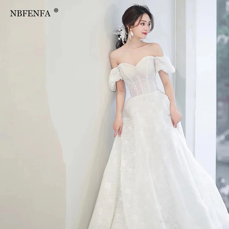 

French Retro White Off The Shoulder Wedding Dresses For Bride Elegant Sexy Long Prom Evening Party Dress Flower Women Vestidos