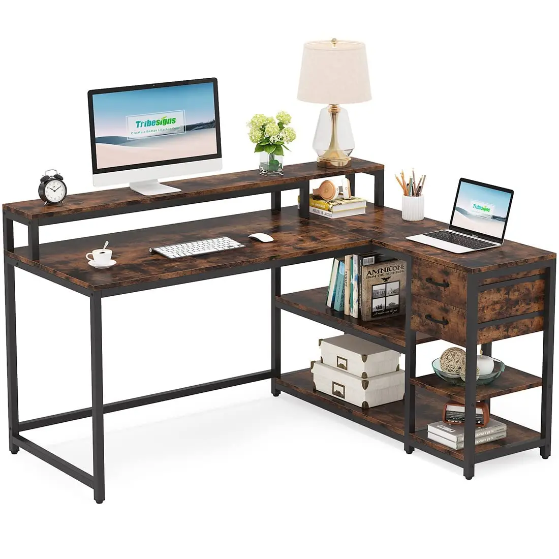 Tribesigns reversible L shaped electric computer desk with drawer industrial corner desk home office table with shelves and monitor stand