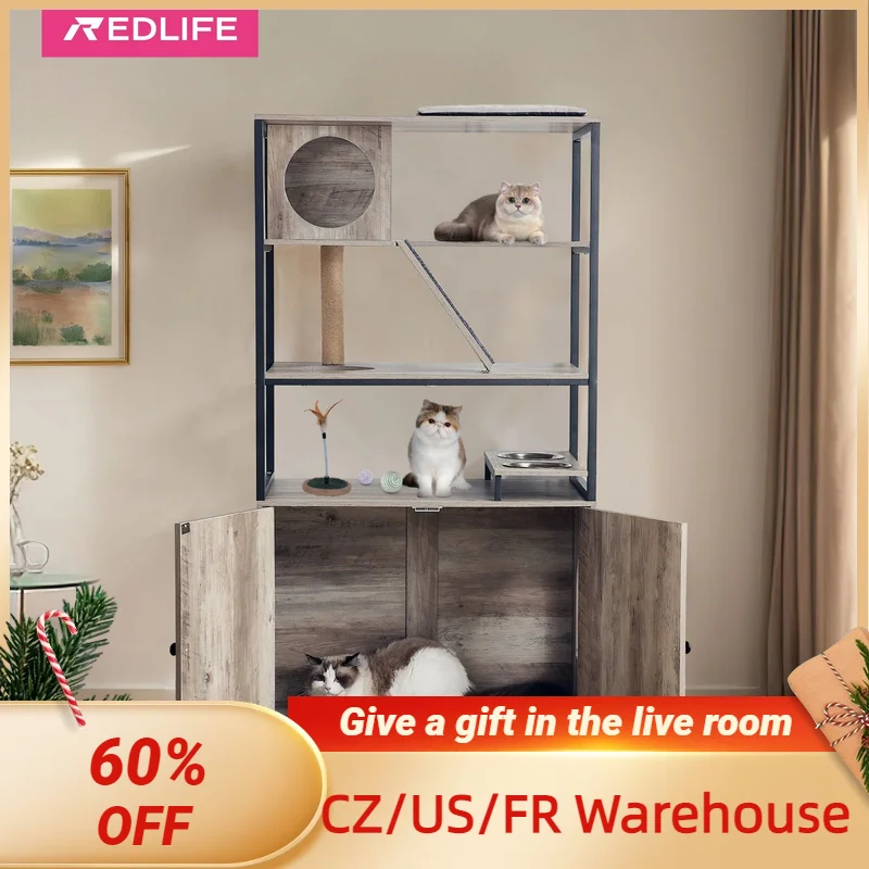 Redlife-Cat Litter Box Enclosure Multifunctional Cat Tree Hidden Furniture Cabinet w/ Storage and Scratch Cat Condo 4 Levels