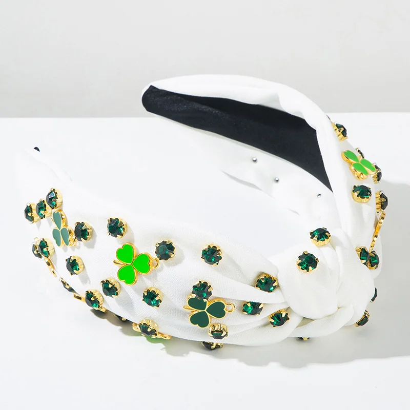 Women Irish Knotted Headbands Lucky Shamrock Rhinestone Wide Hair Hoop Cross Knot Non Slip Turban Hoops