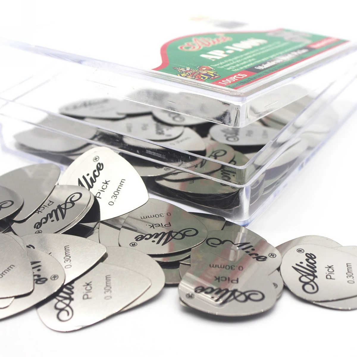 Alice 100Pcs Metal Guitar Pick 0.3mm Thin Durable Silver Color Professional Bass Ukelele Guitar Picks Guitar Amplifier