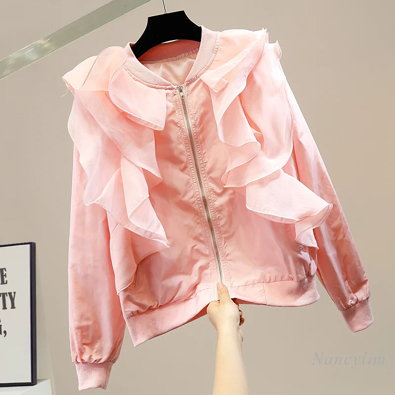

2024 Spring Zipper Coat for Women Fashion Three-Dimensional Ruffled Stitching Niche Design Loose Casual Top Thin Jacket Pink