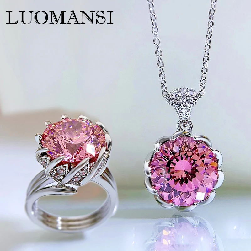 

Pink High Carbon Diamond Lotus Necklace Ring Set S925 Silver Jewelry Woman Wedding Party Commemorative Gift
