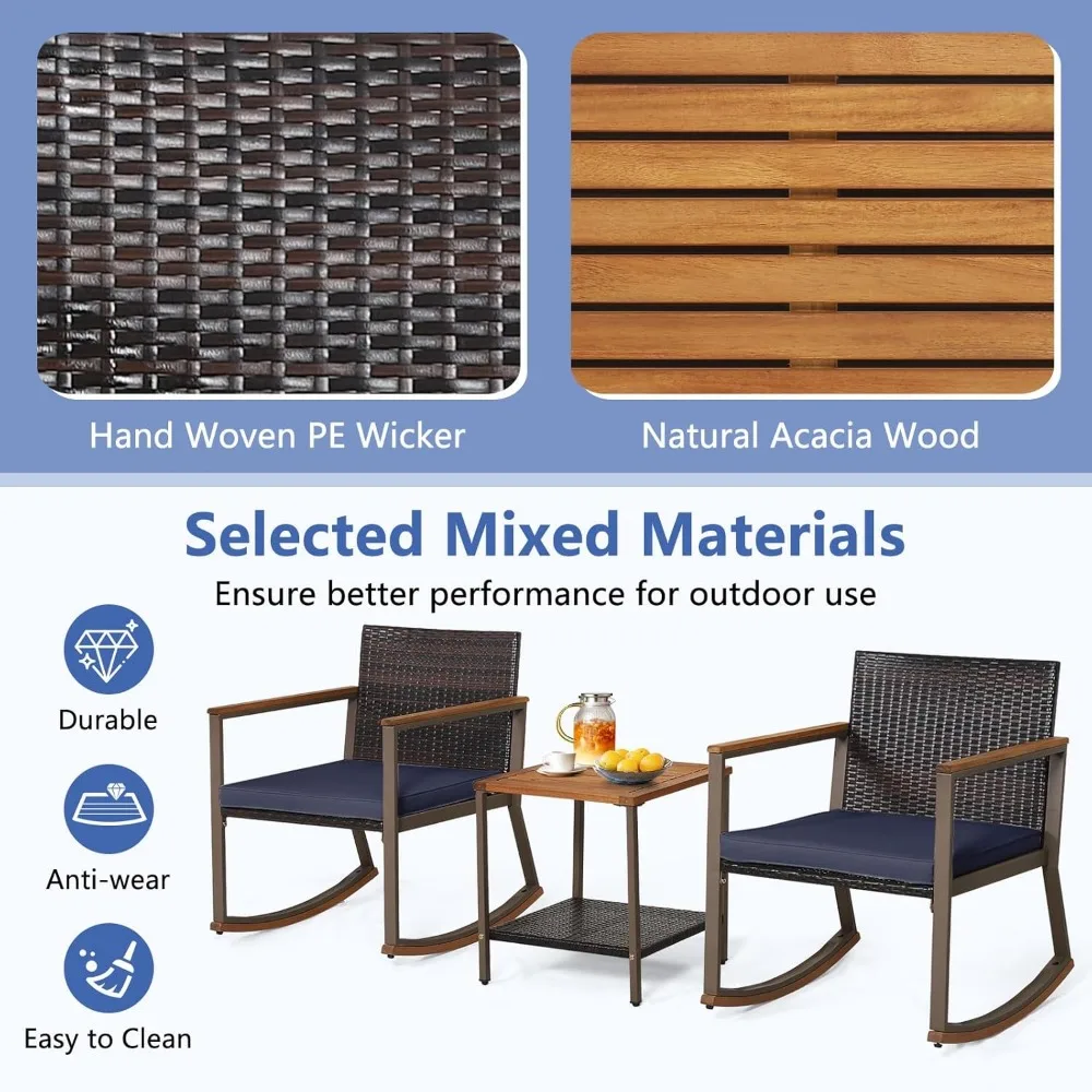 3 Pieces Rocking Bistro Set,Outdoor Rocker Chair with Coffee Table&Cushions,Patio Rattan Furniture Conversation Set for Balcony 6