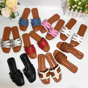 Multicolor Brand Square Toe Slides For Women Summer High Quality Solid Color Outdoor Beach Seaside Sandals New Luxury H Slippers 1