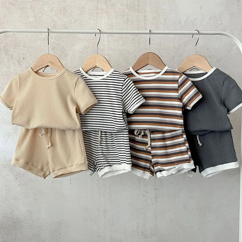 

Baby's Sets Stripes Summer Newborn Boys Girls Casual Outfits Cotton T-shirt+Shorts 2Pcs Suit Toddler Ribbed Knitted Tracksuits