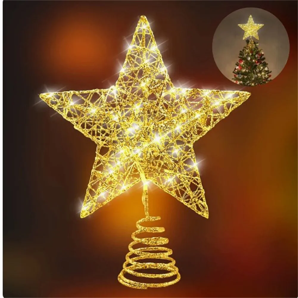 

1pcs Christmas Tree Topper With LED Lights Spring-shaped Base Hollow Star Tree Topper For Xmas New Year Holiday Decoration