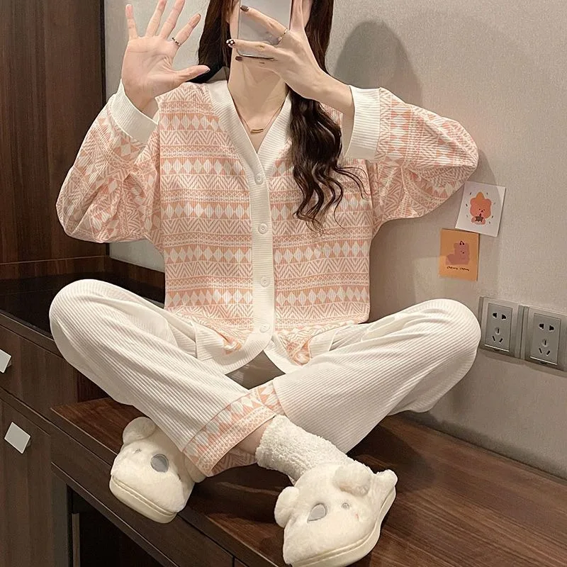 2024 New Pajamas Women Spring Autumn Pyjamas Long Sleeve Cotton Nightdress Geometric print sleepwear V Neck Casual loungewear