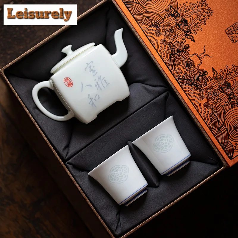 Chinese Exquisite White Porcelain Tea Set Complete Set Tea Ceremony Set Square  Teapot And Tea Cup Set Teaset Handheld Gift Box
