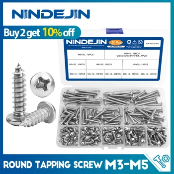 NINDEJIN Cross Round Head Self Tapping Screw Set M3 M4 M5 Stainless Steel Pan Head Phillips Tapping Screw for Wood Sheet