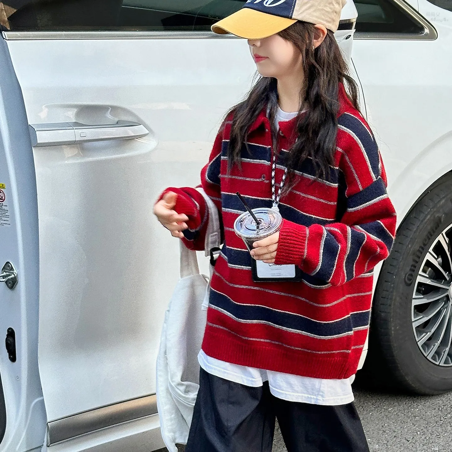 가을 겨울 십대 소녀 스트라이프 폴로 칼라 스웨터 한국식 라펠 버튼업 가디건 긴팔 니트 스웨터 주니어 키즈 의상