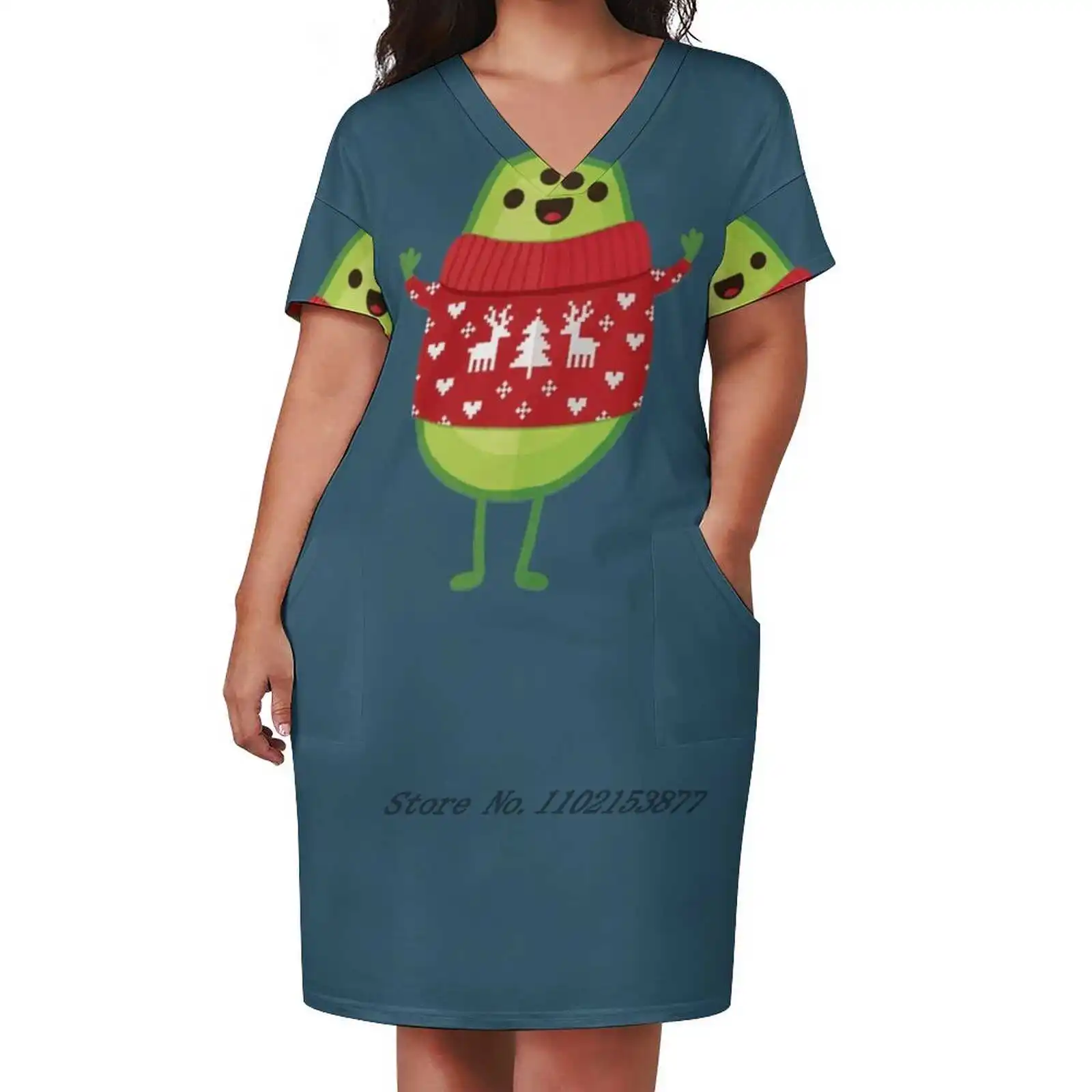 

Avo Merry Christmas! Loose Pocket Dress Print Short Sleeve Dresses V-Neck Dress 5Xl Giftoriginal Daisy Beatrice Avocado Avo