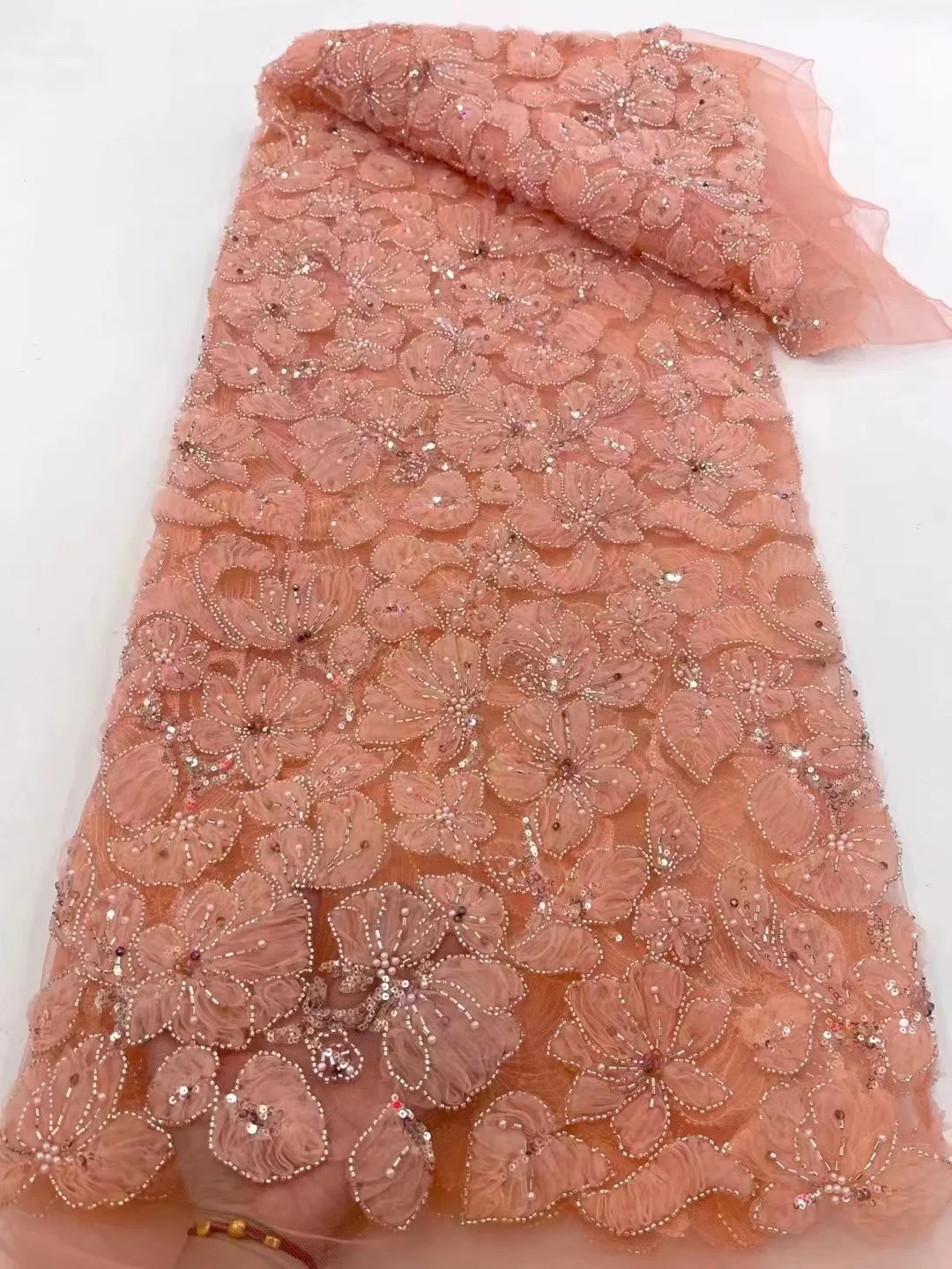 

Peach 5yards 3D Beads Lace Fabric 2023 High Quality Mesh Embroidery Applique 3D Flower Tulle Nigerian Lace Fabrics For Bridal