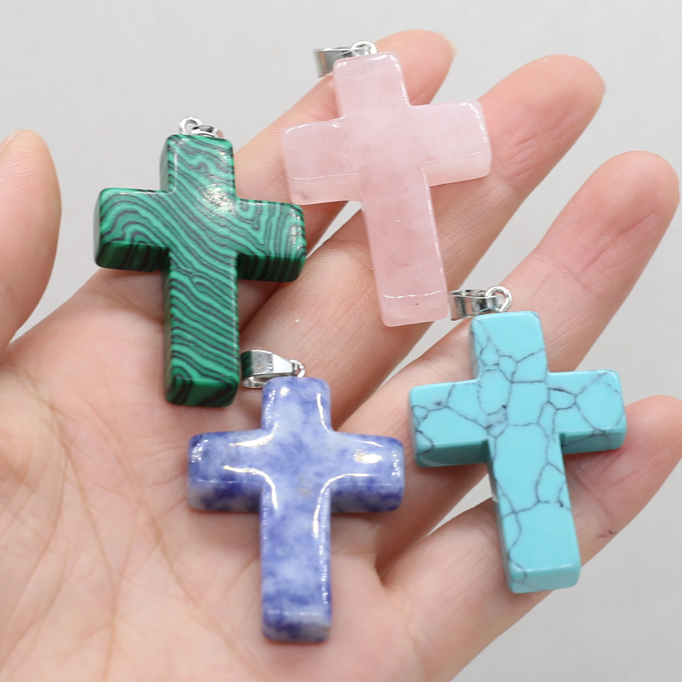 

10 PCS Natural Stone Rose Quartz Turquoise Cross Shape Pendant For Jewelry Making DIY Necklace Earring Accessory Charm Gift
