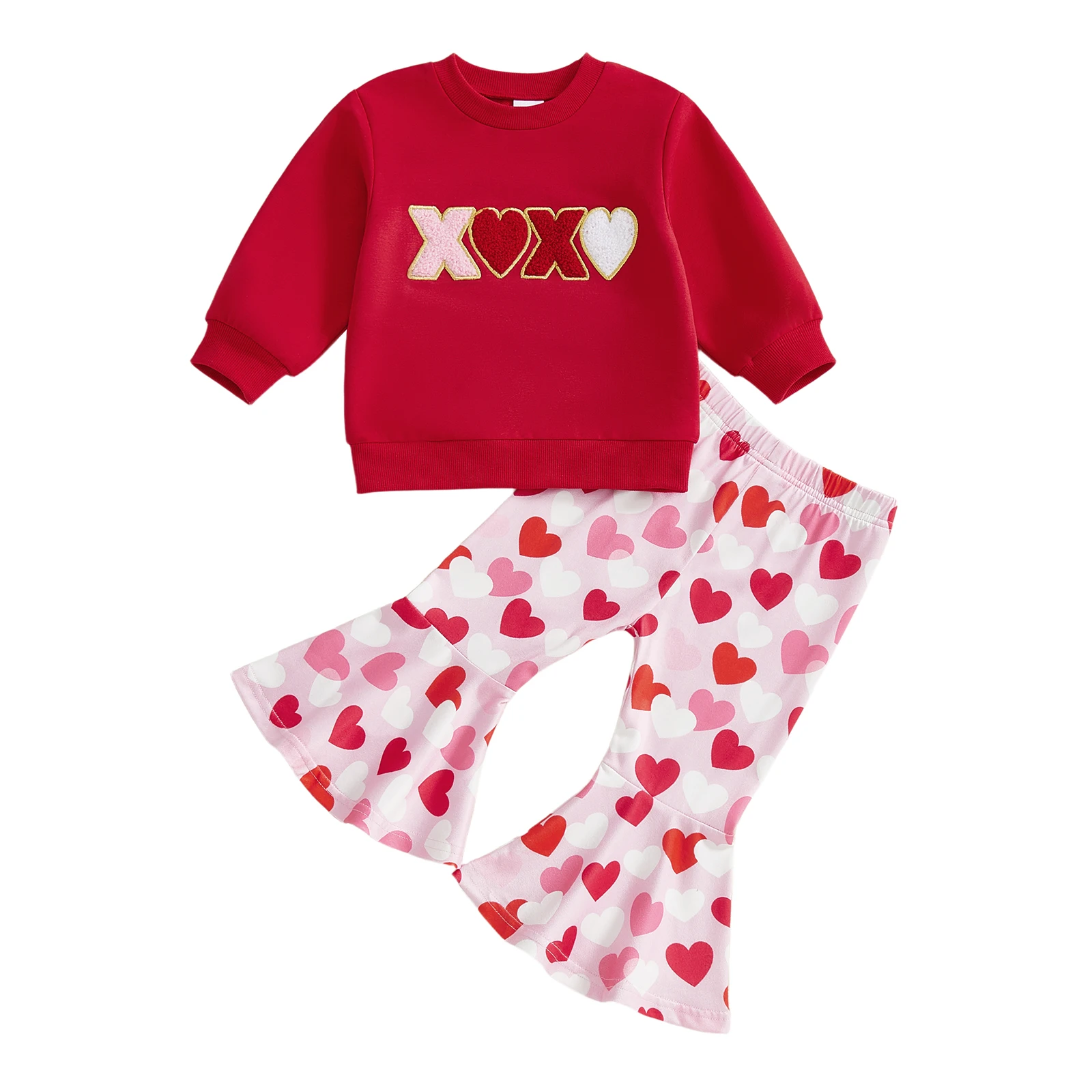 Spring Valentine's Day Kids Toddler Girl Outfits Letter Embroidery Long Sleeve Pullover Heart Pattern Flare Pants Set