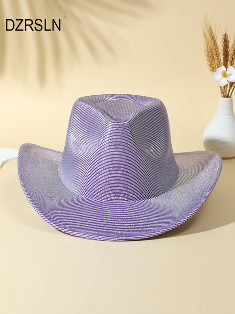 New Women Purple Cowboy Hat Western Fedora Hats Ladies Fashion Striped Cowgirls Hat Pink Party Jazz Hats Church Wedding Fedoras 1