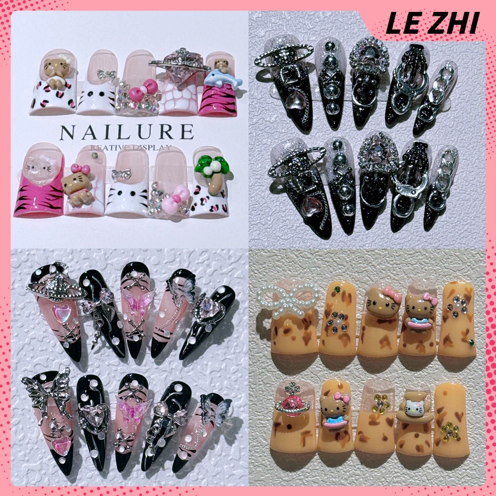Duck Web Hellokitty Long Almond Gothic Metal Heart Press on Nails Spice Handmade Portable Detachable Manicure Nails Wholesale