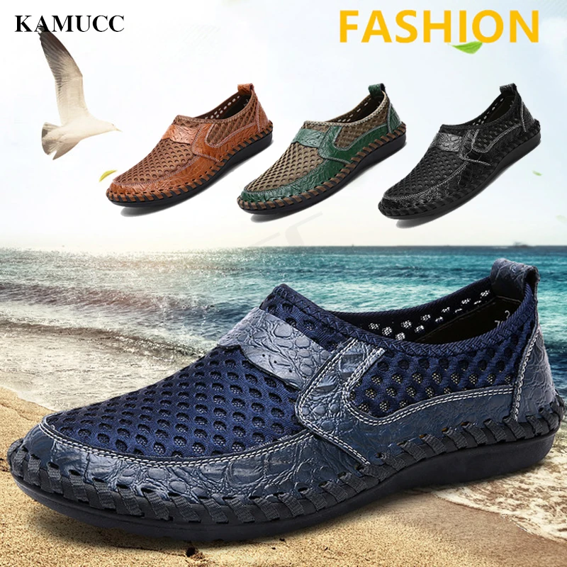 Brand New Summer Men Casual Shoes Breathable Mesh Cloth Loafers Soft Flats Sandals Handmade Male Driving Large Size 38-50 |