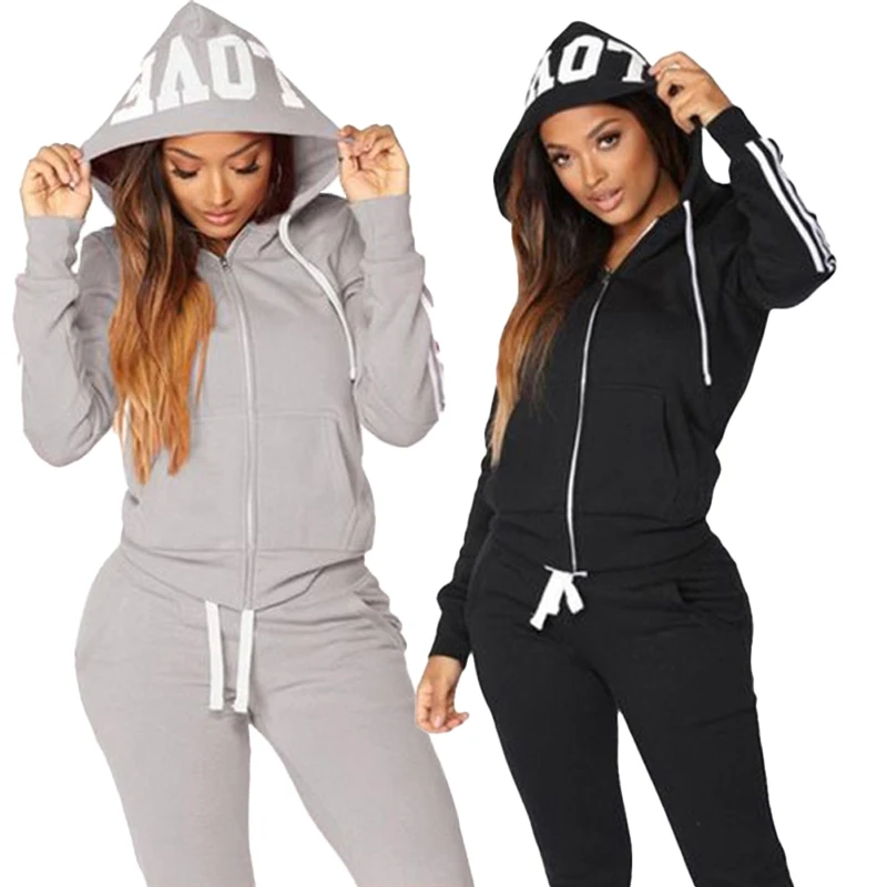 casual two piece set of three stripe letter hoodie with full zipper sweater jogging pants sportswear women s sports set Casual two-piece set of three stripe letter hoodie with full zipper sweater+jogging pants sportswear Women's sports set