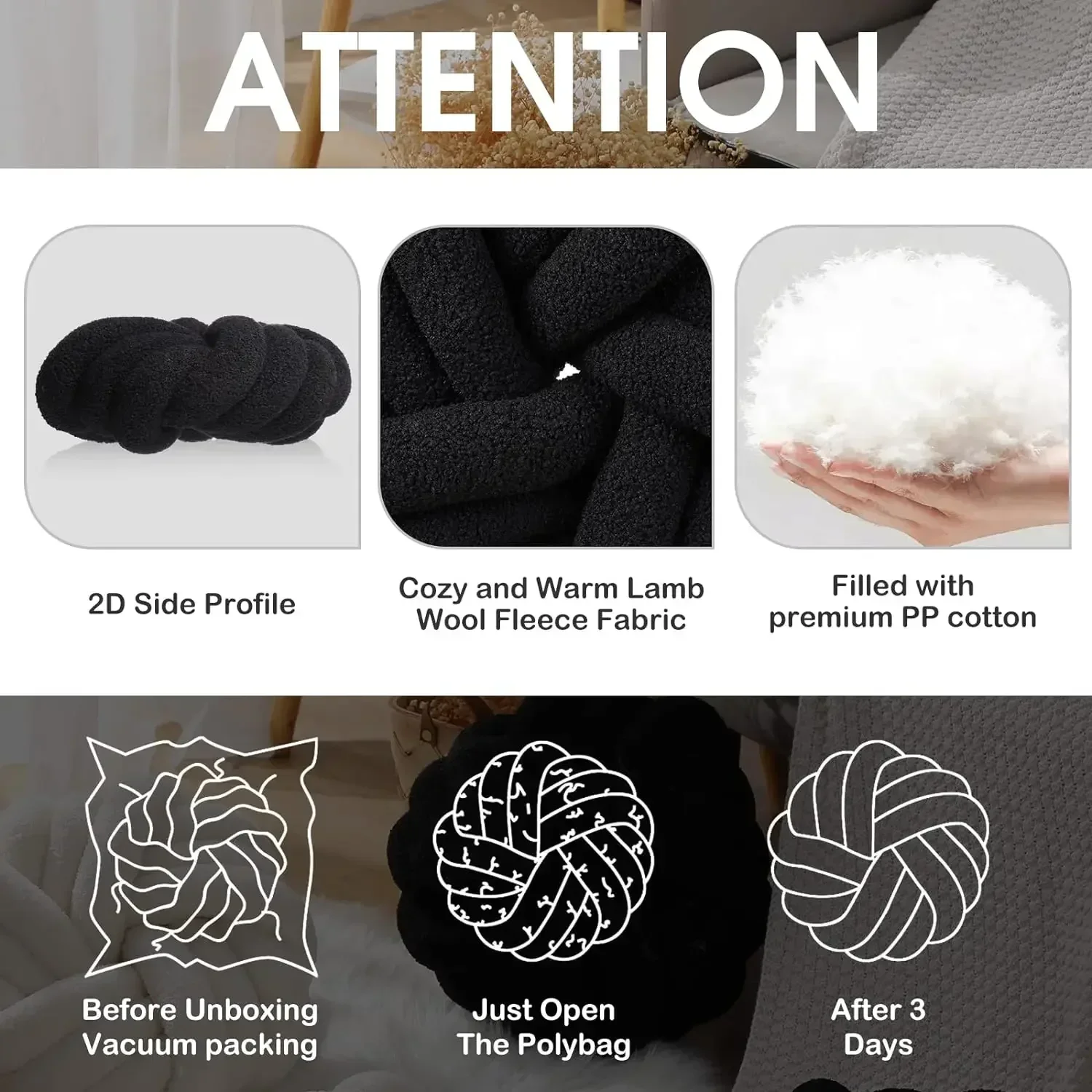 Decorative Pillow for Couch Bedroom Plush Throw Knot Pillow Soft Handmade Chair Cushion for Living Room Car Decorations (Black) 5