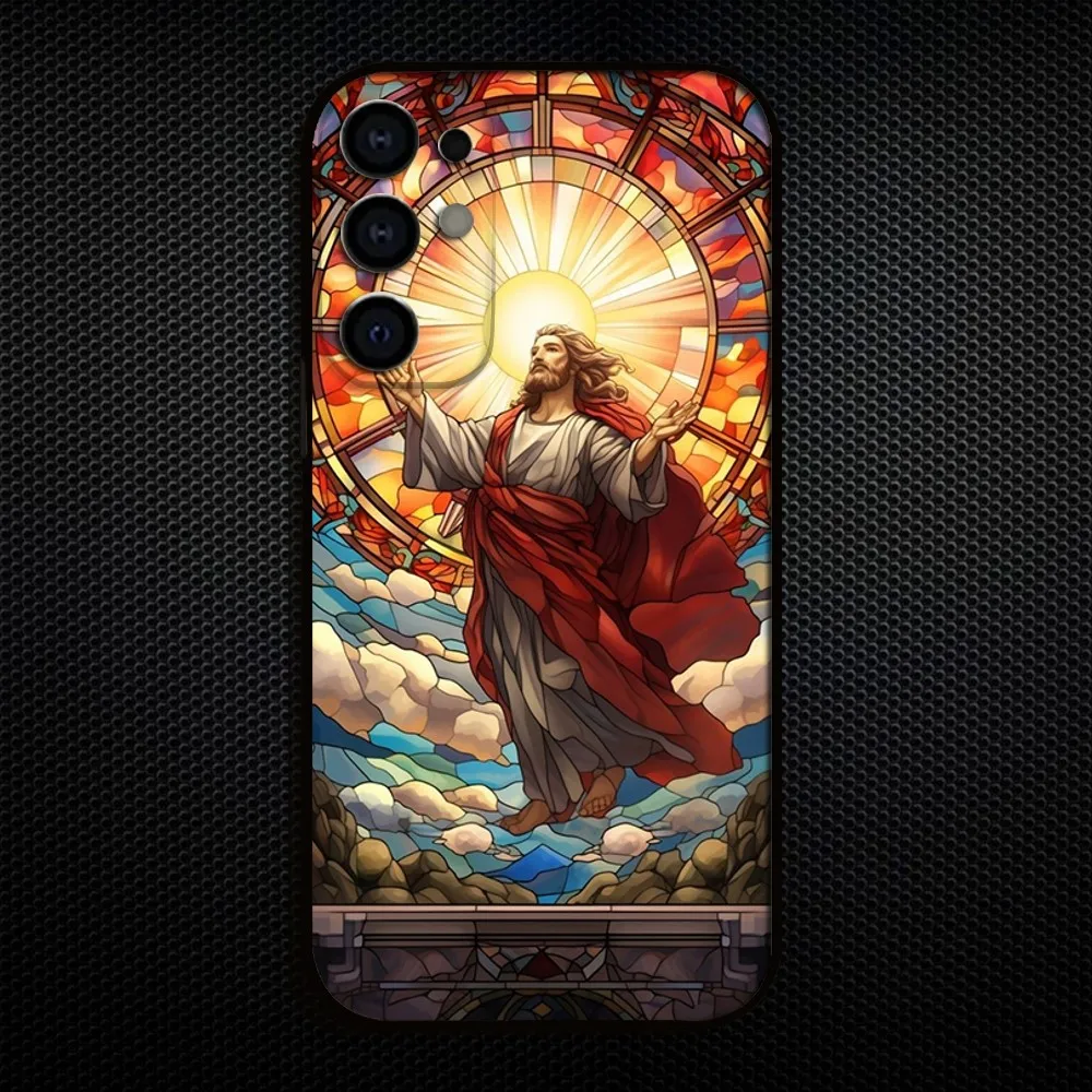 Classic Stained Glass Jesus Christ Phone Case - Elegant Black Cover