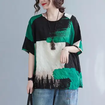 Abbigliamento donna 2025 Nuovo abbigliamento estivo T-shirt a maniche corte in cotone e lino allentato retrò nuovo stile
