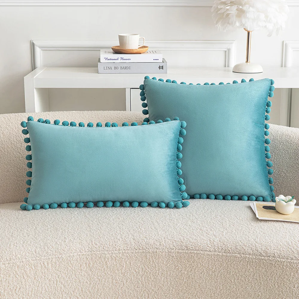 Blue Green pompom velvet pillow cover