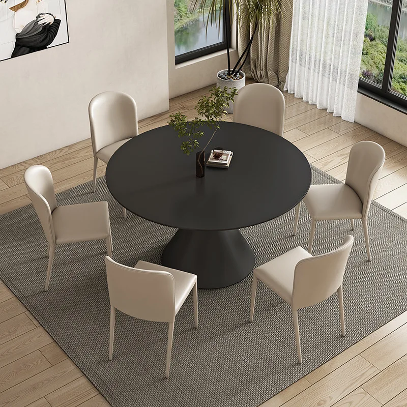 Modern Minimalist  Pure Black Round Rock Slab Dining Table High-end Wabi-sabi Style Upper and Lower Built-in Turntable Smal