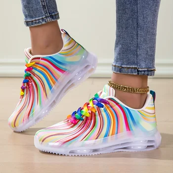 Women's Rainbow Stripe Casual Sports Shoes Summer Mesh Fashion Flat Beach and Leisure Holiday Lace-up Running Shoes for Ladies 1