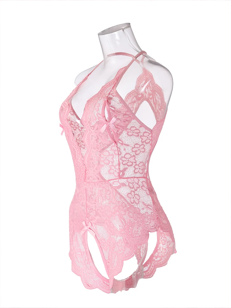 Sexy Lingerie Women Hollow Erotic Pajamas Lace Nightdress Sex Babydolls Crotchless Clothes Transparent Dress Pink Party Nighties