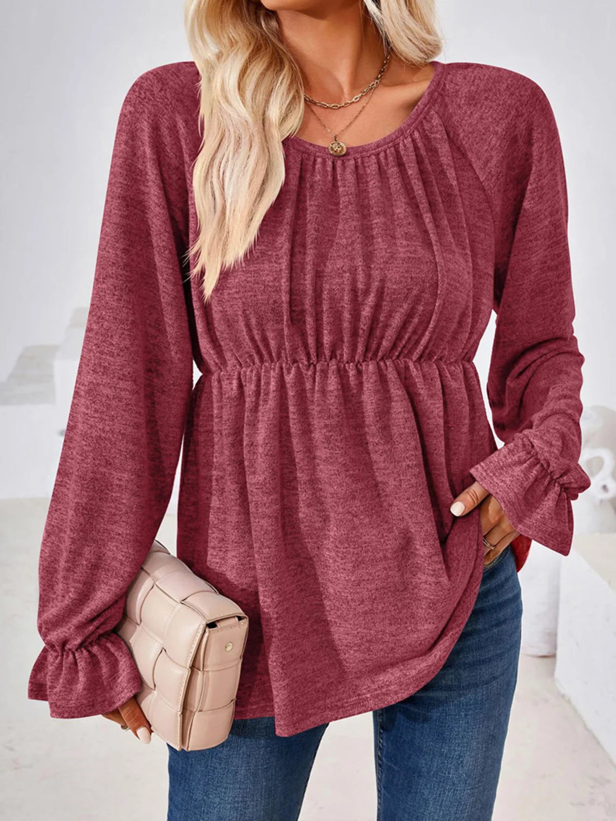 

2023 Autumn Ruffled Elastic Cuff Long Sleeve Blouse Fashion Woman Elegant Round Neck Office Lady Casual Loose Cameo Brown Tops