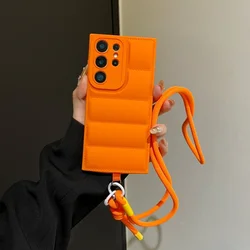 Luxury Down Jacket Crossbody Phone Case with Long Lanyard Strap Cover - Galaxy S23 Ultra (Orange)