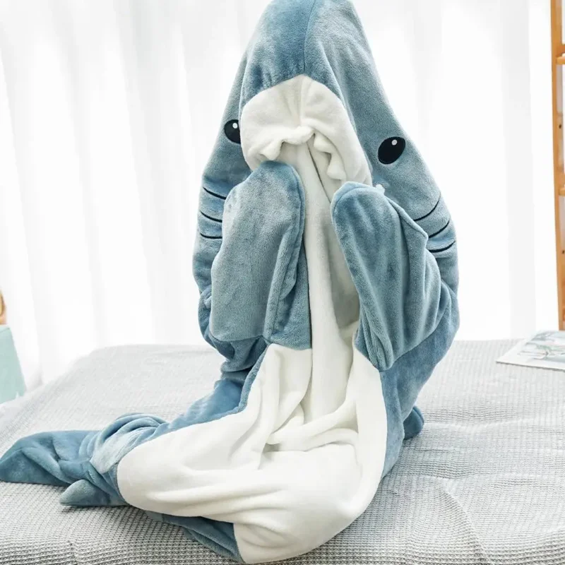 Cartoon Shark Pajamas Sleeping Bag Unisex Wearable Shark Blanket Hoodie Animal Blue Costume Pajamas Adult Kids Teenager
