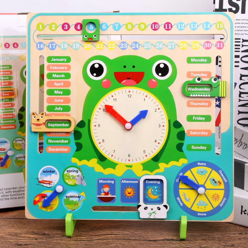 Cartoon Wooden Frog Calendar Clock Set Children Wood Calendar Time Cognitive Matching Toys Kids Early Learning Education Toys 3