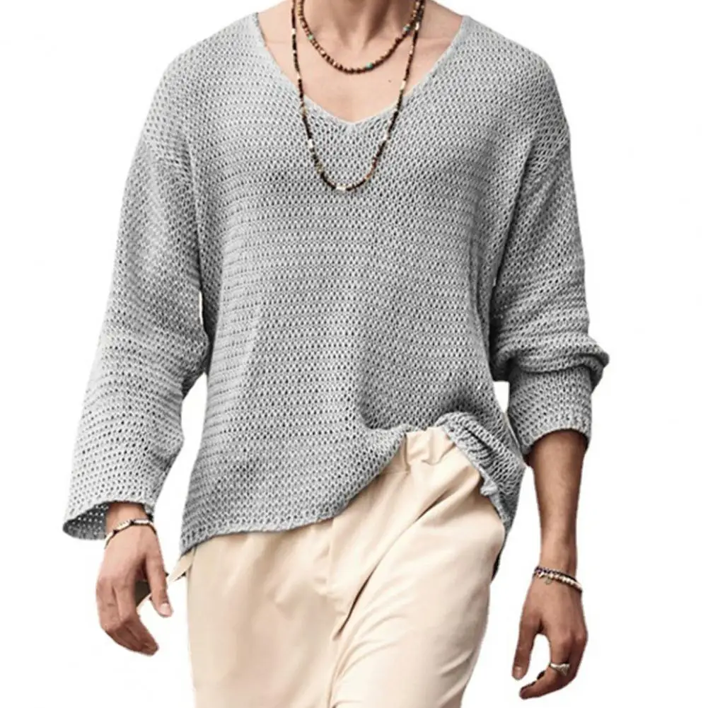 

Spring Autumn Men Pullover Sweater V-Neck Long Sleeve Solid Color Knitted Tops Hollow Out Loose Fit Knitwear Streetwear