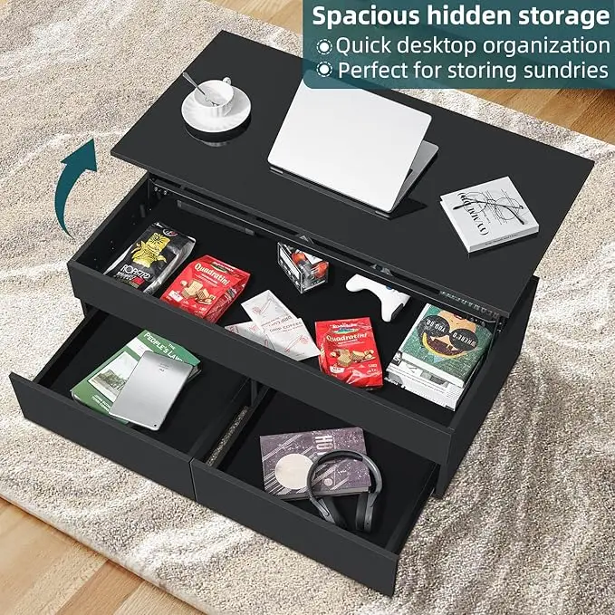 Lift Top Coffee Table with Hidden Storage LED Coffee Table Morden High Gloss Black Living Room 3 Tiers Modern Tea Table