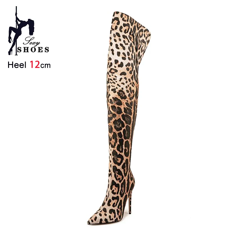 12CM Stiletto Heels Sexy Leopard print Women Pointed Toe Thigh High Boots Plus Size 46 47 Over-the-Knee Long Boots Female Shoes