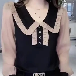 Women's Clothing Ruffle Contrast Color Patchwork Elegant Blouses Autumn Fashion Long Sleeve Casual Shirts Ladies Loose Chic Tops