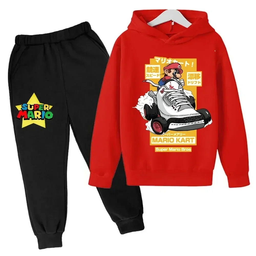 Sudadera con capucha y pantalones de Super Mario para niños, traje de 2 piezas, ropa de otoño y primavera para niños y niñas, sudadera con estampado de dibujos animados, trajes deportivos informales,