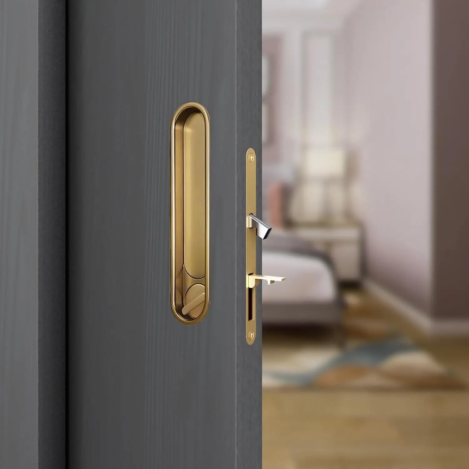 Pocket Door Lock Hardware with Pull Recessed Handle Latch Invisible Sliding Door Lock for Bedroom Kitchen Barn